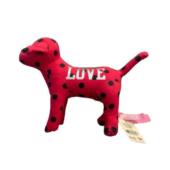 Victoria Secret Pink Plush Dog Red Black Polka Dots Love Silver Stuffed - Picture 2 of 3